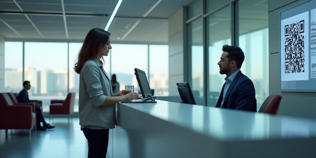 a woman is talking to a man at a reception desk in an airport lobby with a qr code on the wall, Áng