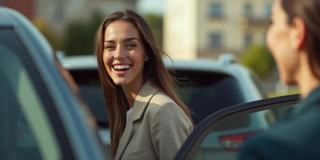 a woman is walking out of a car and smiling at someone else in the background with a building in the