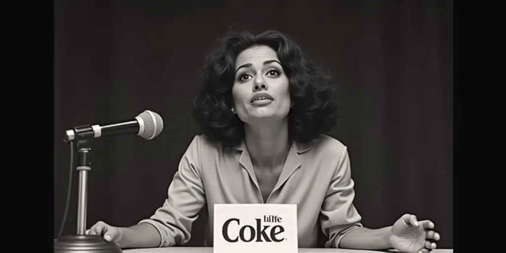 a woman making a face while sitting at a table with a microphone in front of her and a sign in front