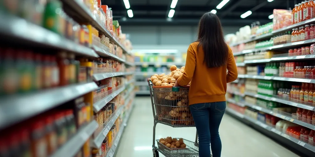 a woman pushing a shopping cart through a grocery store aisle with a cart full of food and drinks on