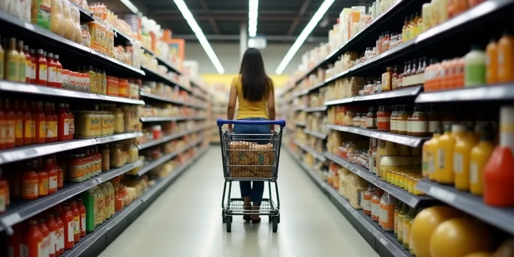 a woman pushing a shopping cart down a grocery aisle in a store with a large amount of food on the s