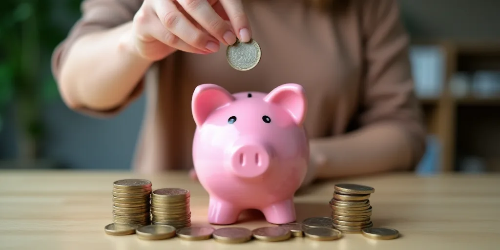 a woman putting a coin into a pink piggy bank on a table with a pile of coins in front of her, Évar