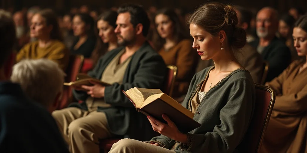 a woman reading a book in a crowd of people sitting down and standing up in chairs with a book in he