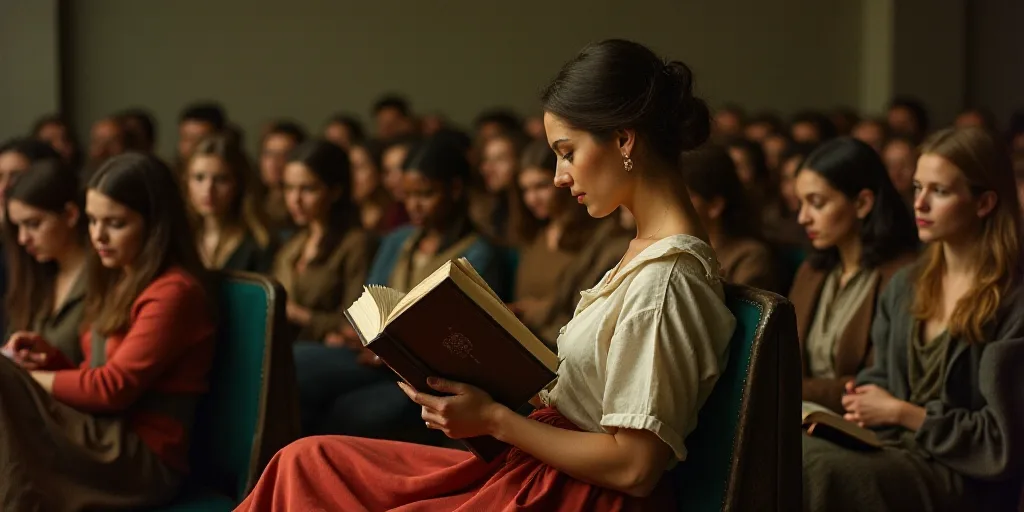a woman reading a book in a crowd of people sitting down and standing up in chairs with a book in he