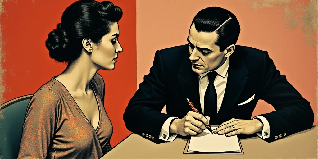 a woman sitting at a desk with a man in a suit and tie on writing on a piece of paper, David Alfaro