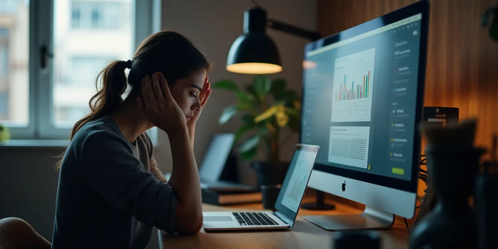 a woman sitting at a desk with a laptop and a monitor on it, with her head in her hands, Andries Sto