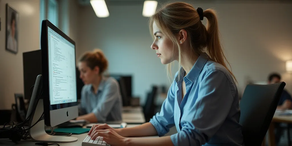 a woman sitting at a desk with a computer and a monitor on it with a woman standing behind her, Ada