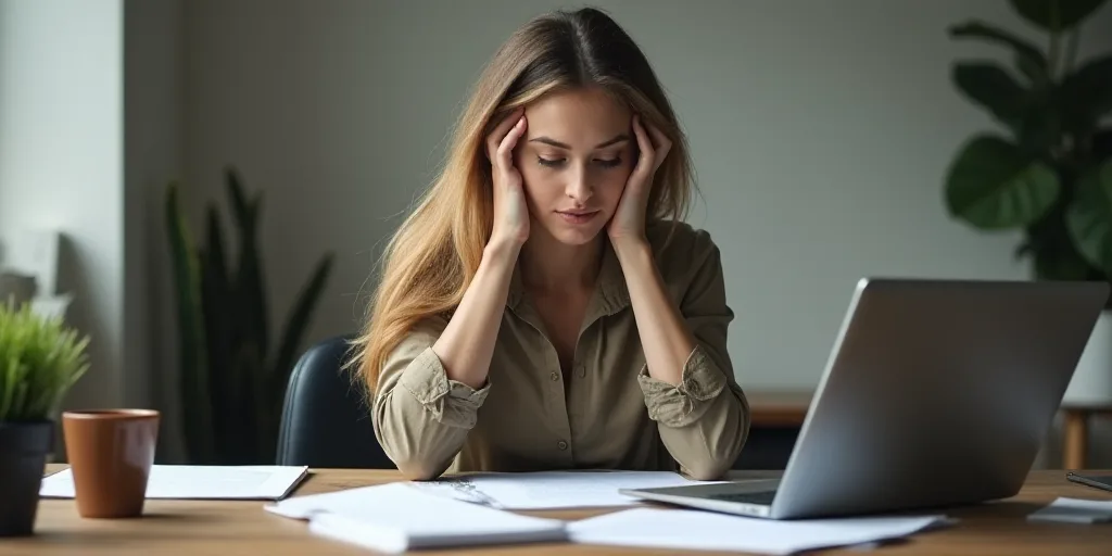 a woman sitting at a desk with a laptop and papers in front of her, holding her head in her hands, E