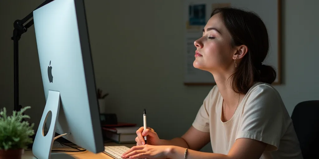 a woman sitting at a desk with a pen in her hand and a computer monitor in front of her, Evaline Nes