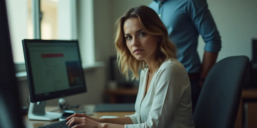 a woman sitting at a desk with a computer monitor and keyboard in front of her and a man standing be
