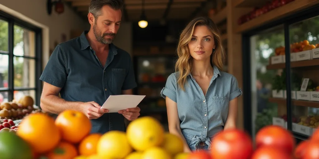 a woman sitting at a fruit stand with a man standing behind her and a man standing behind her lookin
