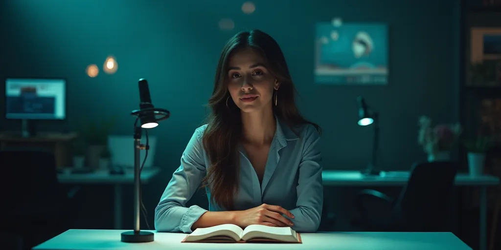 a woman sitting at a table with a book in front of her and a microphone in the background behind her