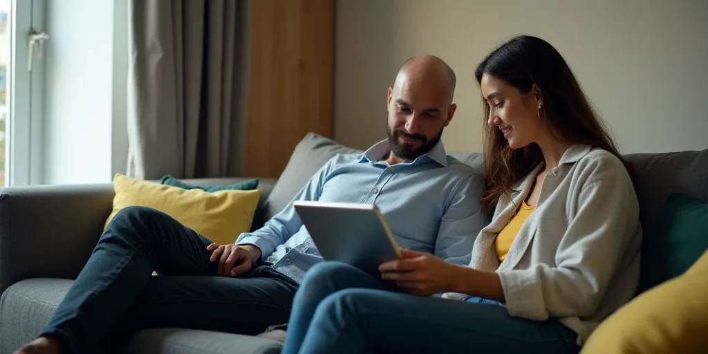 a woman sitting on a couch holding a tablet computer next to a man and a woman sitting on a couch, E