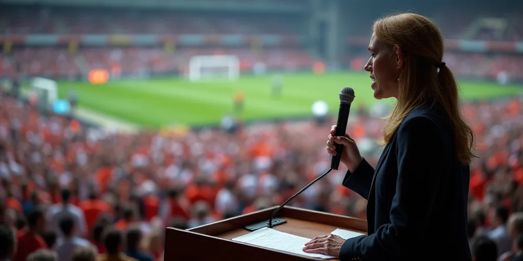 a woman speaking at a podium in front of a large crowd of people in a stadium with a microphone, Aqu