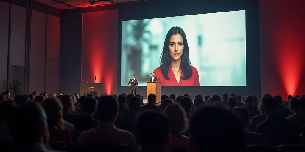 a woman standing at a podium in front of a crowd of people in front of a screen with a picture of a