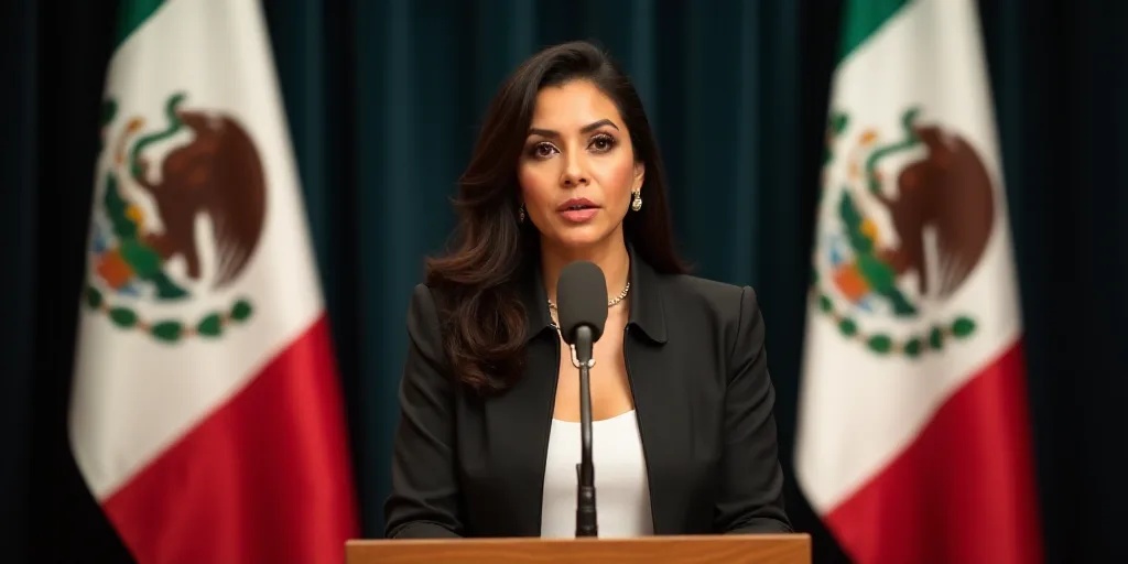 a woman standing at a podium in front of flags of mexico and mexico, with a microphone in front of h
