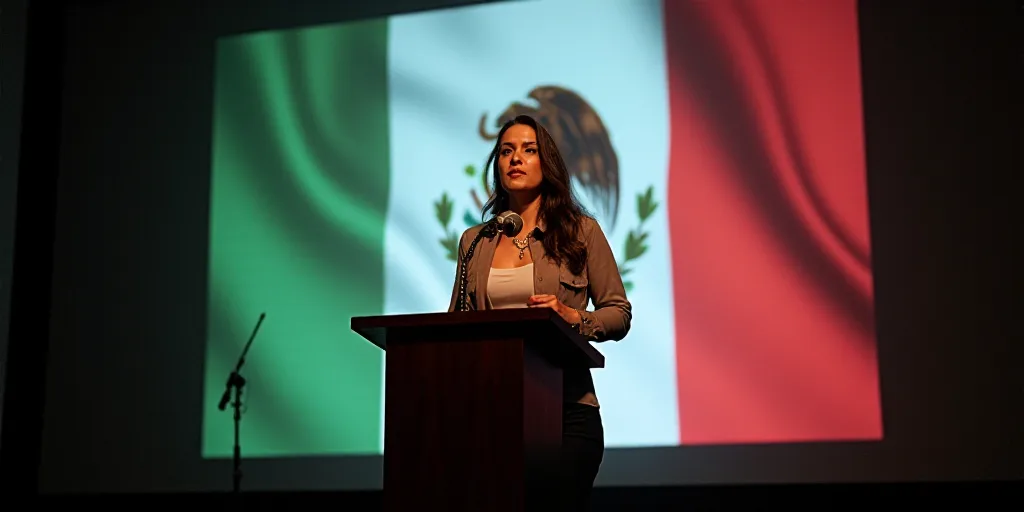 a woman standing at a podium in front of a banner with a picture of a woman on it and a mexican flag