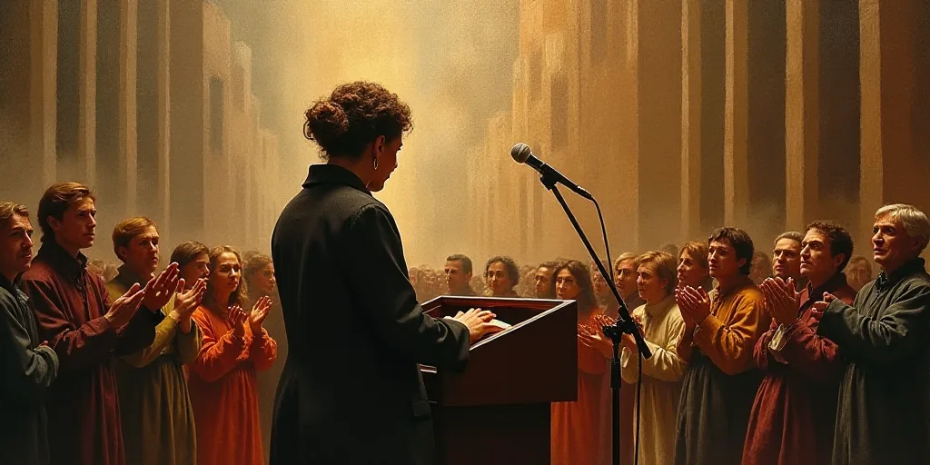 a woman standing at a podium in front of a crowd of people clapping and clapping hands in front of a