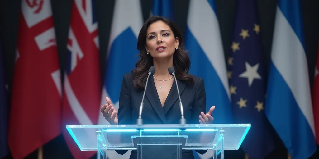 a woman standing at a podium with a microphone in front of a banner and flags behind her, with a mic