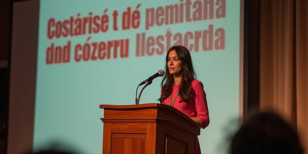 a woman standing at a podium with a microphone in front of her and a banner behind her that says con
