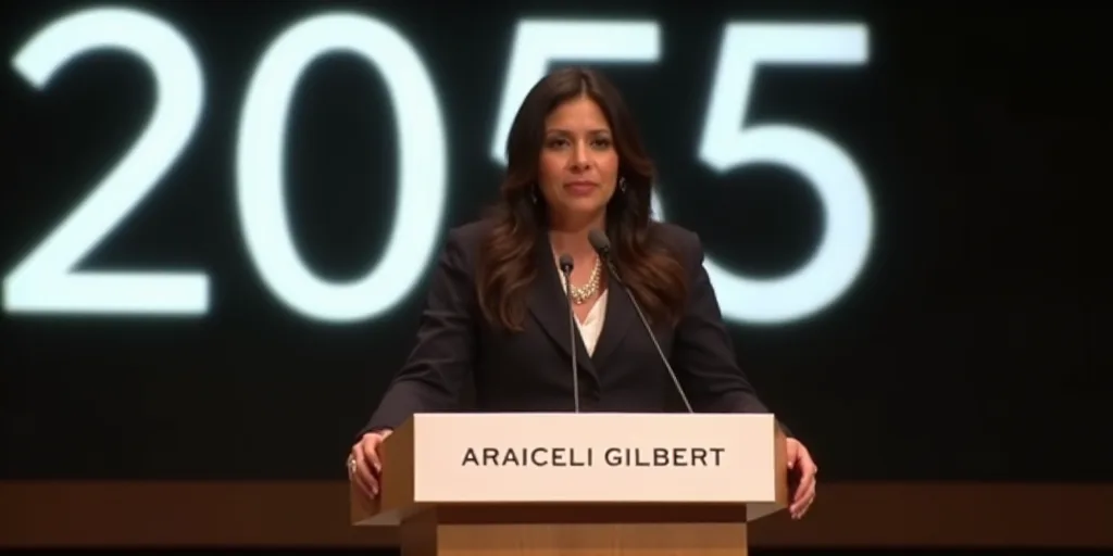 a woman standing at a podium with a microphone in front of her and a sign behind her that says 2055,