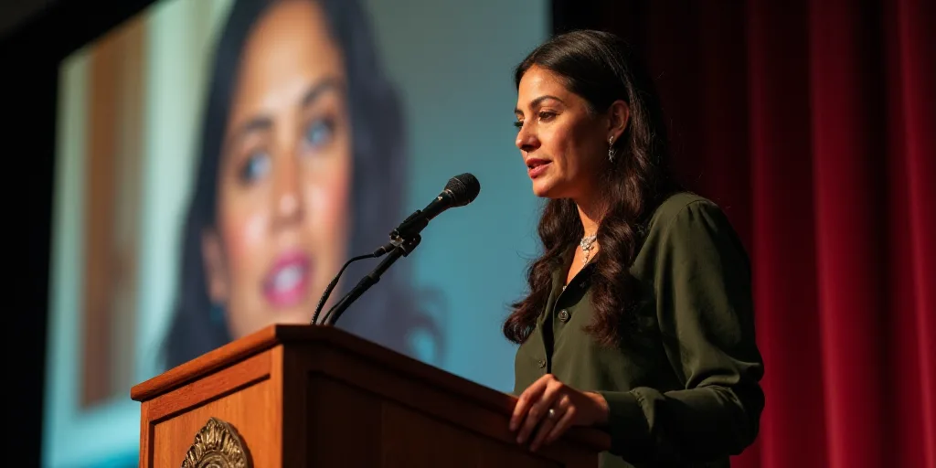 a woman standing at a podium with a microphone in front of her and a screen behind her with a woman'