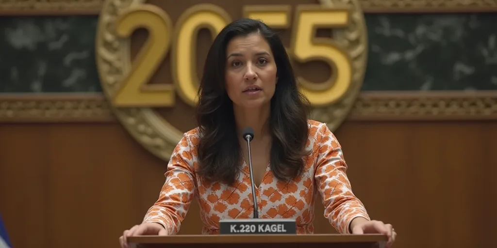 a woman standing at a podium with a microphone in front of her and a banner behind her that says 205