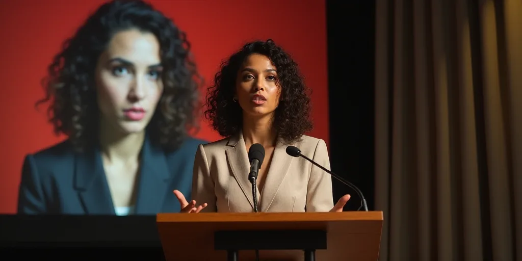 a woman standing at a podium with a microphone in front of her and a picture of herself behind her,