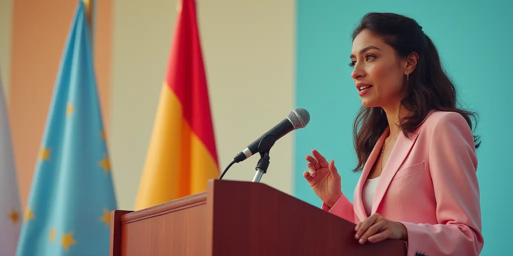a woman standing at a podium with a microphone in front of her and a flag behind her and a microphon