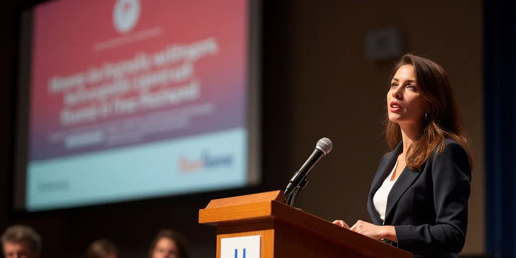a woman standing at a podium with a microphone in front of her and a sign behind her that says infor
