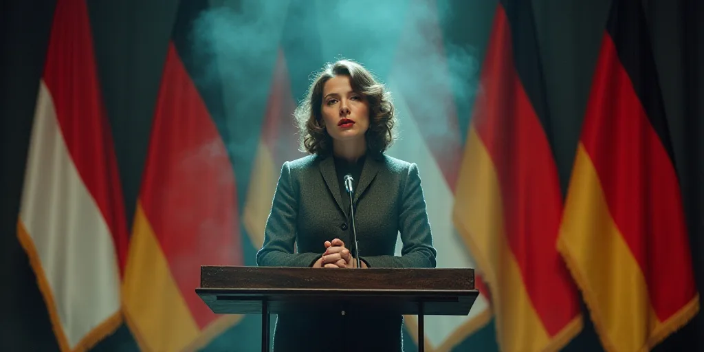 a woman standing at a podium with a microphone in front of her and flags behind her in the backgroun
