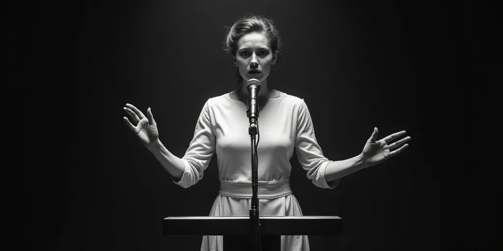 a woman standing at a podium with her hands up in front of her and a microphone in front of her, Ann