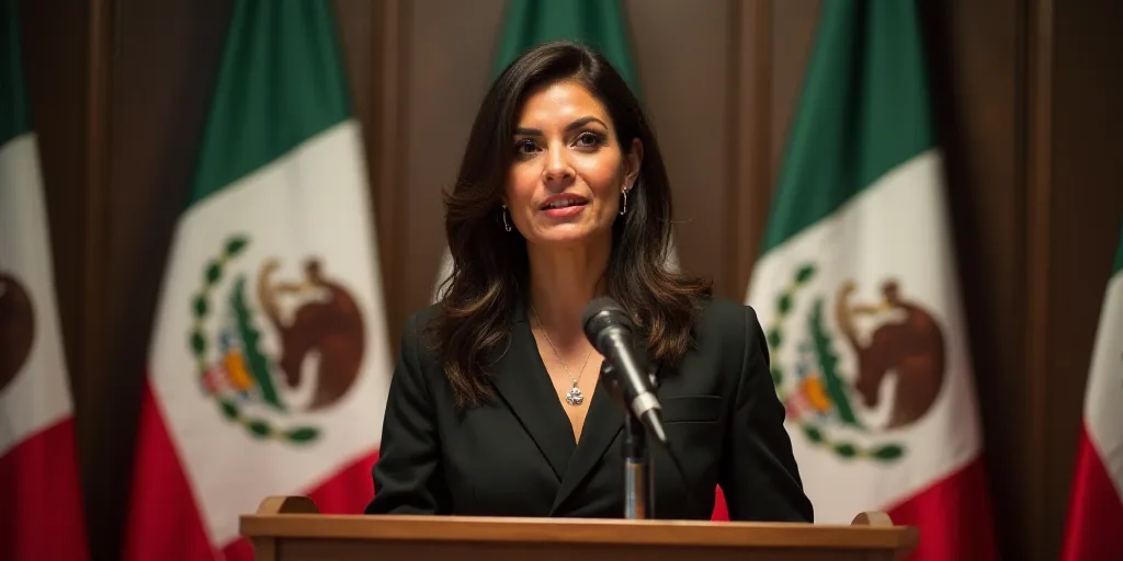 a woman standing at a podium with a microphone in front of flags of mexico and mexico on the wall, A