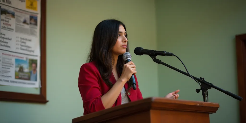 a woman standing at a podium with a microphone in her hand and a poster behind her on the wall, Arac