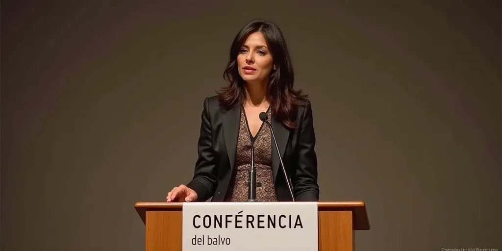 a woman standing at a podium with a microphone in front of her and a sign behind her that says confe