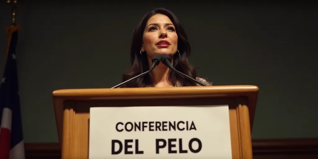 a woman standing at a podium with a microphone in front of her and a sign behind her that says confe