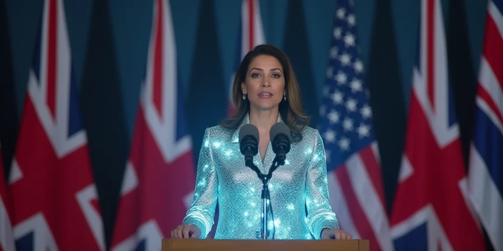 a woman standing at a podium with a microphone in front of a banner and flags behind her, with a mic
