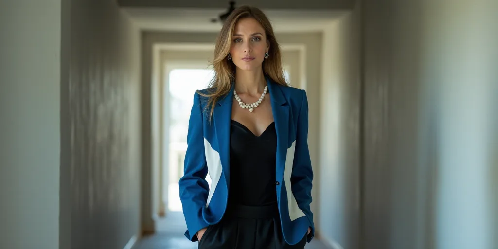 a woman standing in a hallway with a blue and white jacket on and a black dress on and a white neckl
