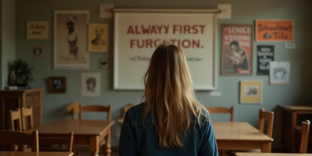a woman standing in a room with wooden furniture and a sign that says safety first, always be forgot