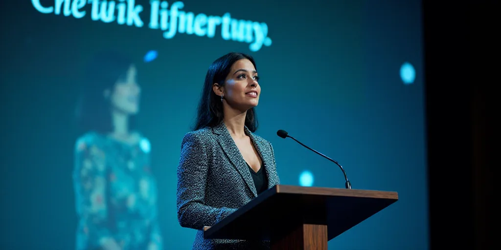a woman standing in front of a podium with a microphone in front of her and a banner behind her, Ara