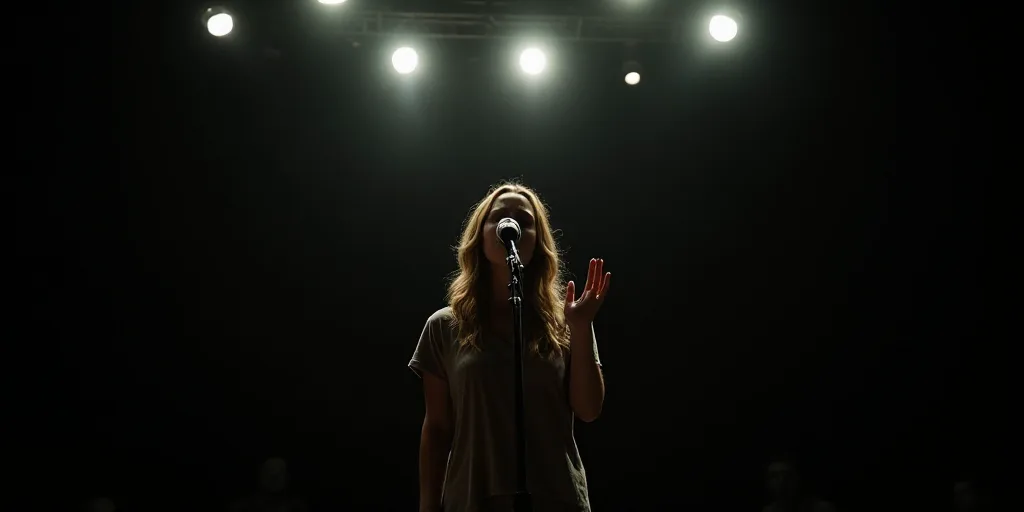 a woman standing in front of a microphone in a dark room with lights on the ceiling and a hand up, A