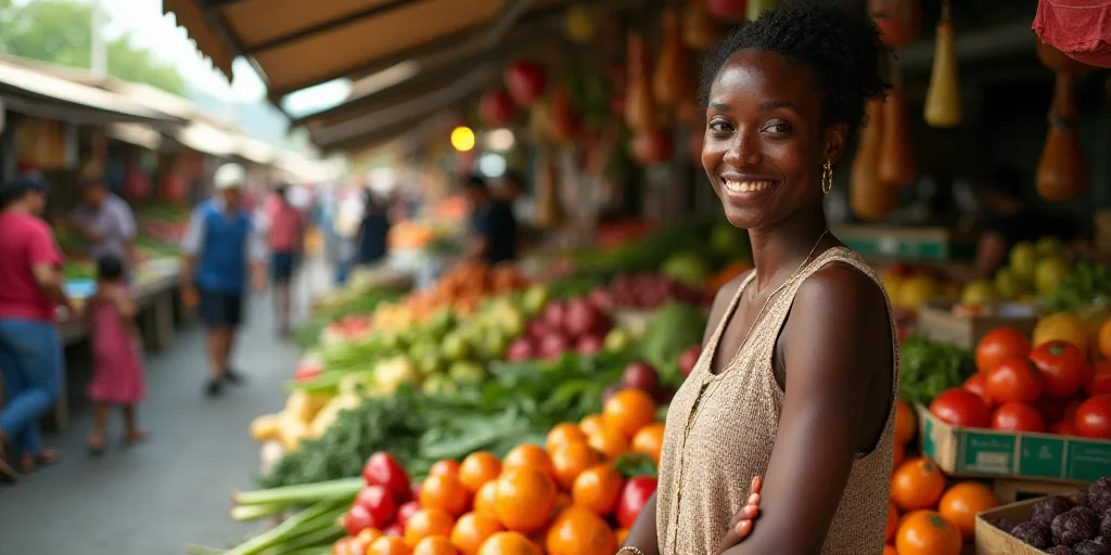 a woman standing in front of a display of fruits and vegetables at a market stall with people shoppi