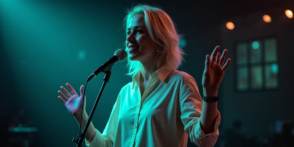 a woman standing in front of a microphone and a microphone in her hand and a microphone in her other