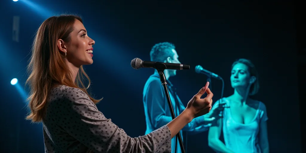 a woman standing in front of a microphone and a microphone in her hand and a microphone in her other