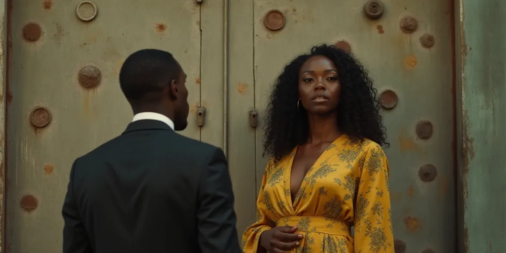 a woman standing in front of a metal wall with circles on it and a man standing next to her, Chinwe