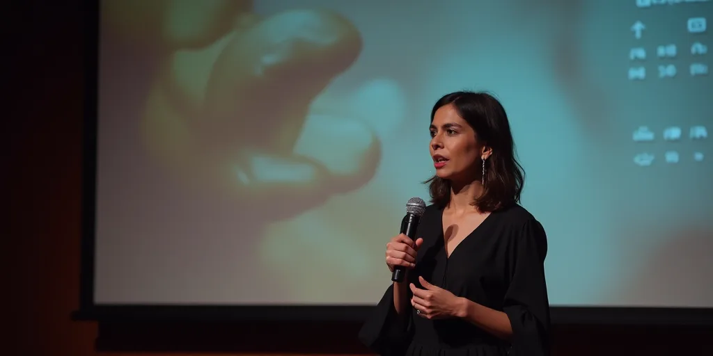 a woman standing in front of a projection screen holding a microphone in her hand and a microphone i
