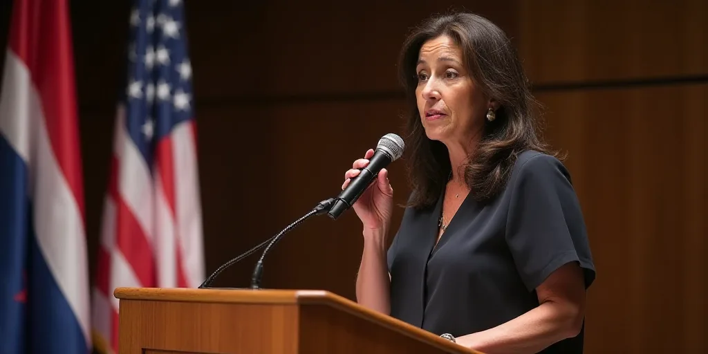a woman standing in front of a podium with a microphone in her hand and a flag in the background, Ar
