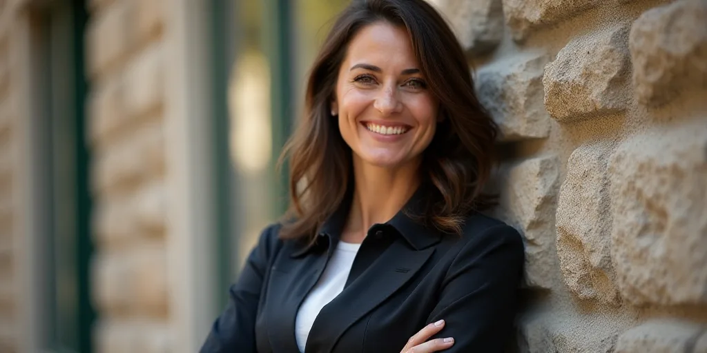 a woman standing next to a stone wall with her arms crossed and smiling at the camera, with her arms