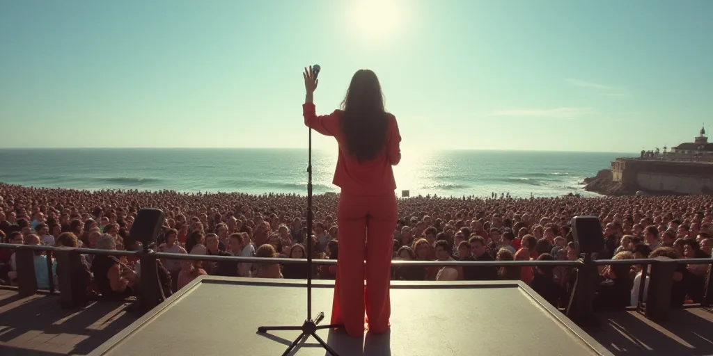 a woman standing on a stage with a microphone in front of a crowd of people on a pier near the ocean