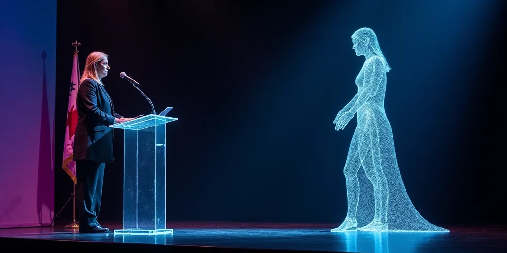 a woman standing on a stage with a microphone in front of a podium with a flag behind her and a woma